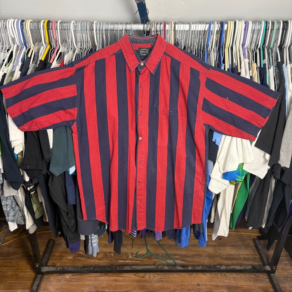 Brut Mens Short Sleeve Button Down Shirt Red Navy Blue Striped Cotton Medium